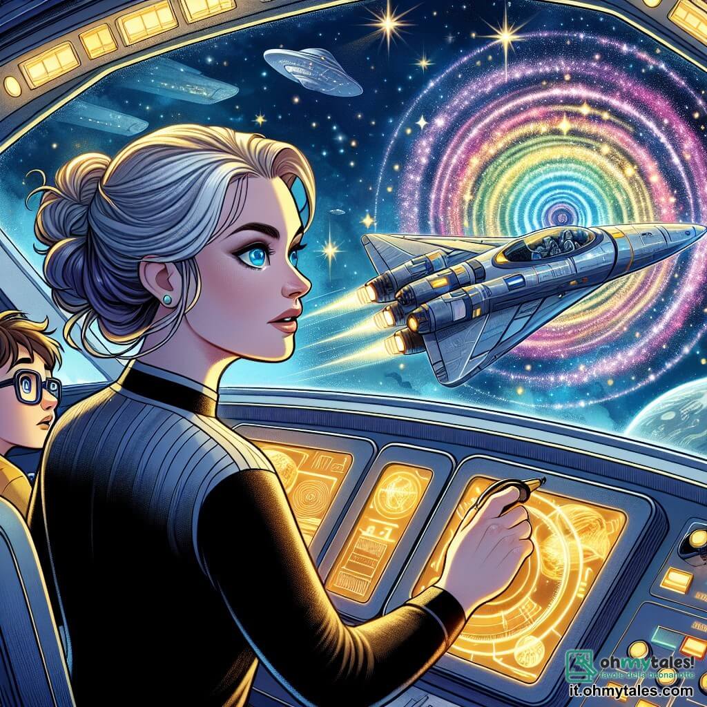Une illustration sous forme de dessin destinée aux enfants représentant un vaisseau spatial argenté flottant dans un ciel étoilé, avec une femme aux cheveux blonds et aux yeux azur, concentrée sur les commandes de son tableau de bord, entourée de hologrammes colorés qui montrent des images de planètes lointaines, tandis qu'un jeune garçon aux cheveux bruns et aux lunettes, émerveillé, observe les étoiles à travers un hublot, capturant l'instant où la femme découvre le mystérieux Vortice Luminoso, une spirale lumineuse aux couleurs éclatantes qui danse dans l'obscurité de l'espace, symbolisant l'aventure et la curiosité infinie de l'exploration spatiale.