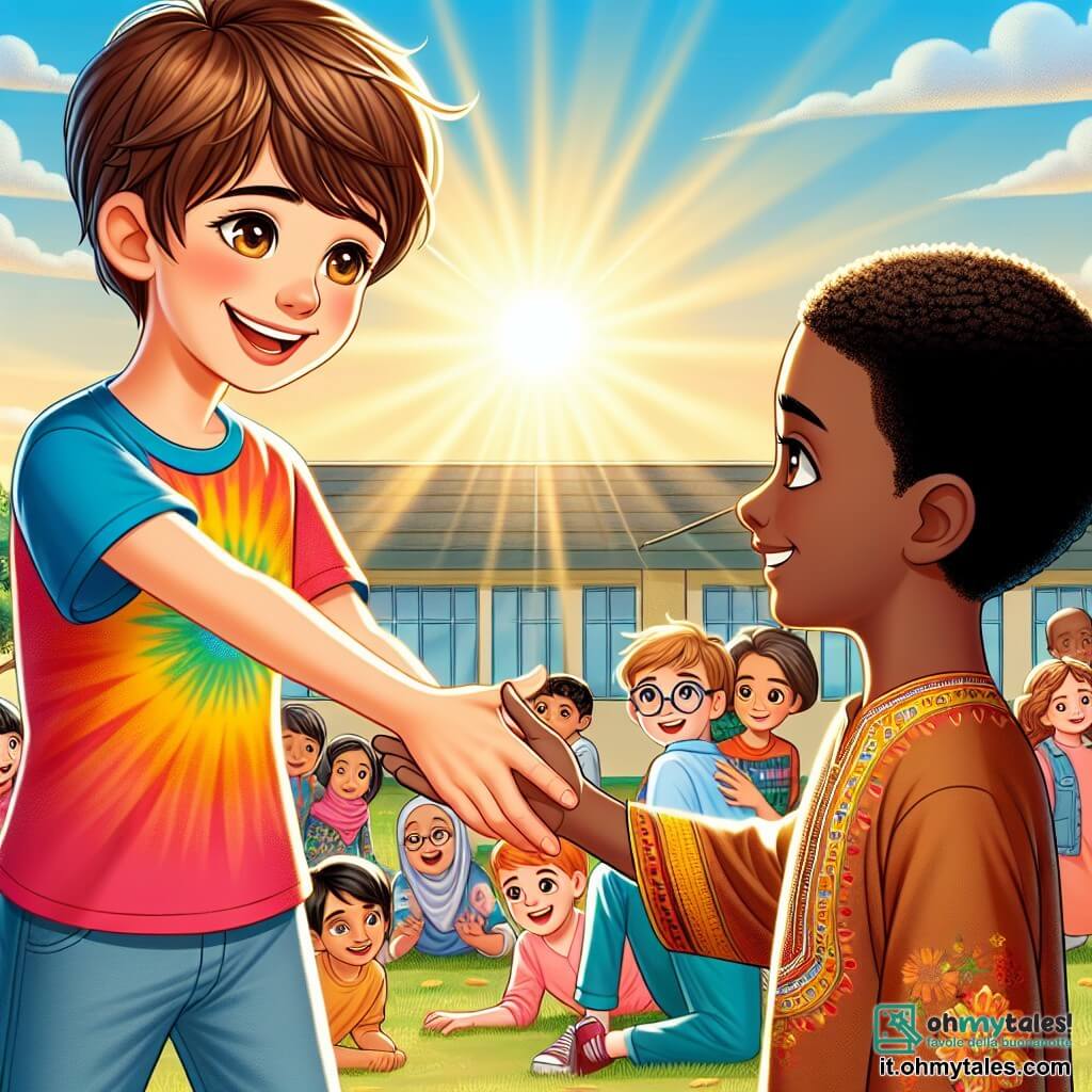 Une illustration sous forme de dessin destinée aux enfants représentant une cour d'école ensoleillée à Villa Verde, où un garçon de 11 ans aux cheveux châtains et aux yeux pétillants, vêtu d'un t-shirt coloré, tend la main amicalement à un nouvel élève, un garçon de 12 ans à la peau foncée et aux yeux brillants, portant un vêtement traditionnel, tandis qu'en arrière-plan, d'autres enfants aux visages curieux et souriants, de différentes origines ethniques, jouent ensemble, illustrant ainsi le thème de la tolérance et de l'amitié dans un moment de partage et d'acceptation.