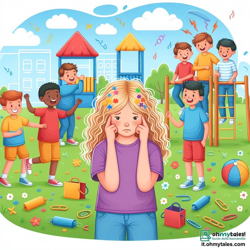 Une illustration destinée aux enfants représentant une fillette aux boucles d'or, confrontée au harcèlement scolaire par un groupe de garçons, dans une cour d'école colorée et animée de jeux et de rires.