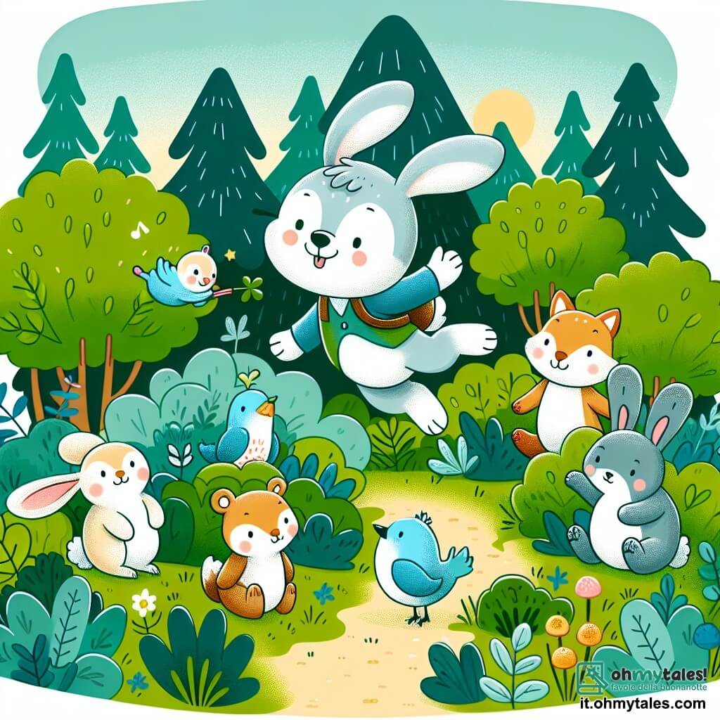 Une illustration destinée aux enfants représentant un lapin espiègle faisant des farces à ses amis animaux dans une clairière luxuriante de la Forêt Enchantée.