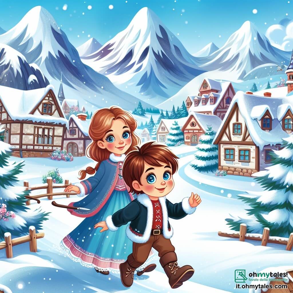 Une illustration destinée aux enfants représentant un garçon aux yeux bleus et aux cheveux castans, vivant une aventure magique sur une montagne enneigée, accompagné de sa mère, dans une petite ville entourée de montagnes aux sommets enneigés.