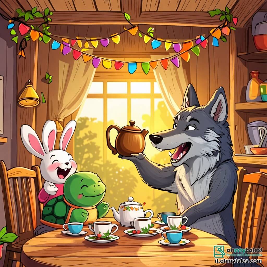 Une illustration sous forme de dessin destinée aux enfants représentant une chaleureuse salle à manger en bois, décorée de guirlandes colorées, où un loup au pelage gris et aux yeux pétillants de malice prépare une grande théière sur une table chargée de tasses géantes, tandis qu'une tortue à la carapace verte et un lapin aux grandes oreilles blanches, assis sur des chaises, rient aux éclats en écoutant une blague amusante, créant une atmosphère joyeuse et amicale.