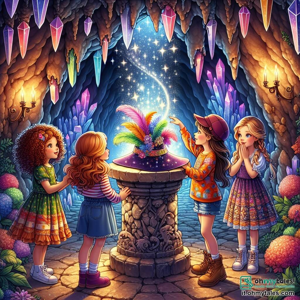 Illustrazione che rappresenta una scena magica all'interno di una grotta segreta. Le pareti della grotta sono adornate di cristalli scintillanti che riflettono colori vivaci, creando un'atmosfera incantata. Al centro, un piccolo altarino di pietra ospita un magnifico cappello decorato con piume colorate e stelle brillanti. Quattro ragazze di dodici anni si trovano attorno all'altarino. La prima, con capelli castani e ricci, indossa una camicia a righe e un pantaloncino di jeans, guarda il cappello con occhi meravigliati. Accanto a lei, una ragazza con capelli biondi intrecciati, vestita con un abito colorato, sorride con entusiasmo. La terza, con capelli castani lisci e un berretto, fa un gesto di gioia, mentre la quarta, con capelli rossi e ricci, indossa una maglietta a motivi e sembra riflettere intensamente. La scena principale mostra le ragazze pronte a realizzare il loro desiderio indossando il cappello magico. Una luce brillante le circonda, simboleggiando la magia del momento. Sullo sfondo, ombre misteriose e forme strane aggiungono un tocco di avventura all'illustrazione, mentre un piccolo drago verde dagli occhi curiosi le osserva, aggiungendo un tocco di fantasia a questa scena affascinante.