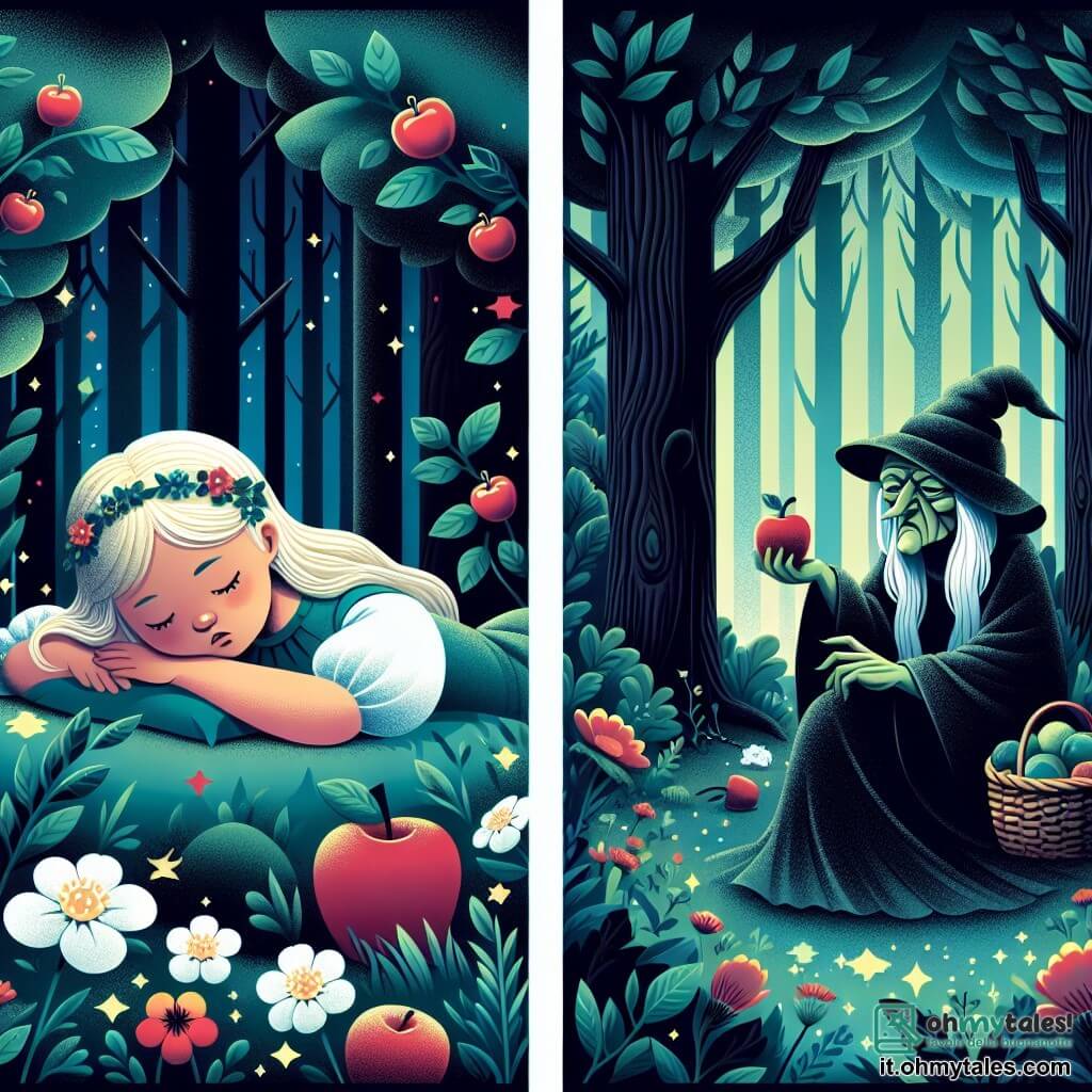 Une illustration destinée aux enfants représentant une jeune fille au teint de porcelaine, victime d'un sommeil profond suite à avoir croqué une pomme empoisonnée offerte par une méchante sorcière déguisée en vieille mendicante, dans une forêt enchantée aux arbres majestueux et aux fleurs lumineuses.