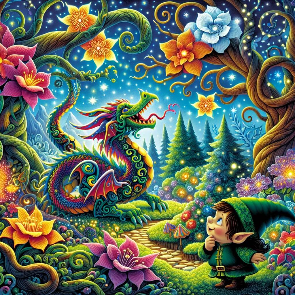 Une illustration destinée aux enfants représentant un dragon farfelu et plein de couleurs, en train de jouer avec un sourire radieux dans un magnifique jardin enchanté rempli de fleurs lumineuses et d'arbres aux branches tordues, avec un petit lutin espiègle qui l'observe avec émerveillement.