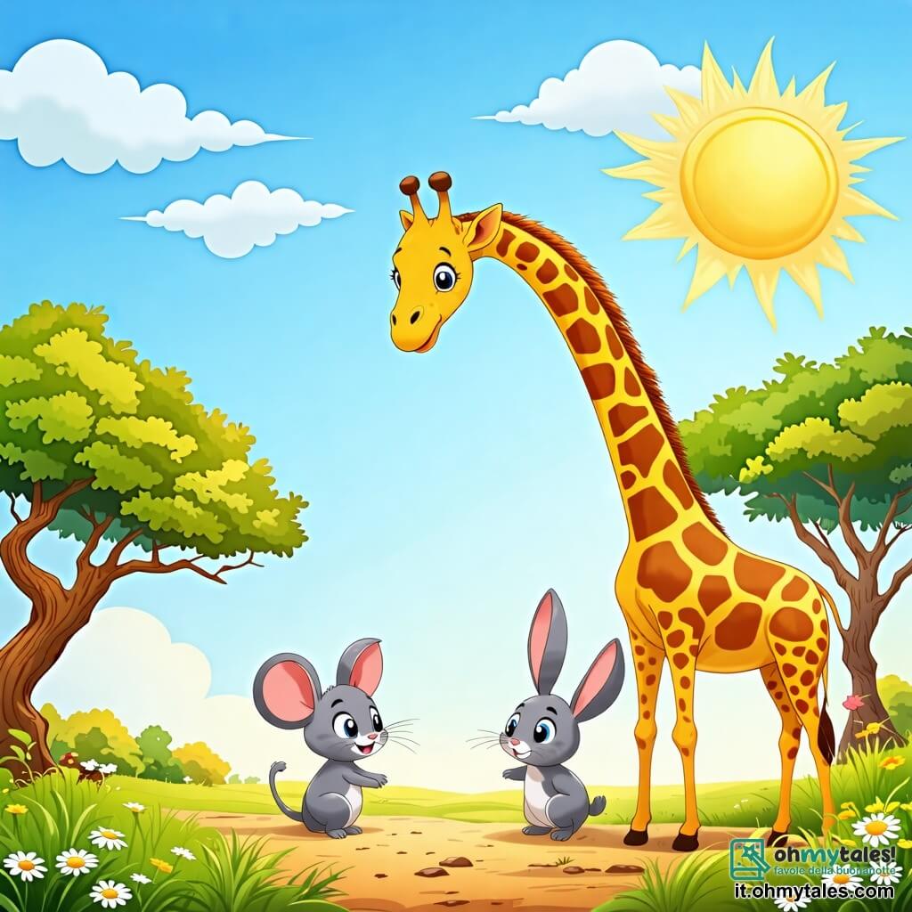 Une illustration sous forme de dessin destinée aux enfants représentant une vaste savane ensoleillée, avec des arbres verdoyants et un ciel bleu éclatant, où une grande girafe au long cou et aux taches dorées se penche doucement pour parler à un petit souris grise aux yeux pétillants, tandis qu'un joyeux lapin aux grandes oreilles blanches les observe en sautillant, le tout capturant l'instant où ils s'unissent pour chercher leur ami perdu dans un cadre chaleureux et amical, évoquant l'importance de l'amitié et de l'aventure.