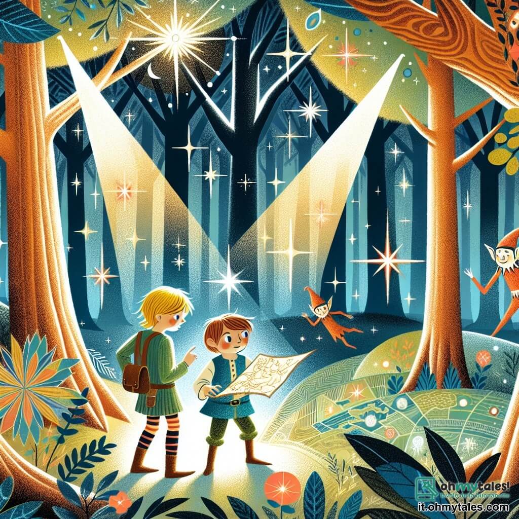 Une illustration destinée aux enfants représentant un jeune garçon aux cheveux éclatants découvrant une carte mystérieuse dans un bosquet lumineux, accompagné d'un elfe étincelant, au cœur d'une forêt enchantée où les arbres brillent de mille couleurs et les animaux parlent entre eux.