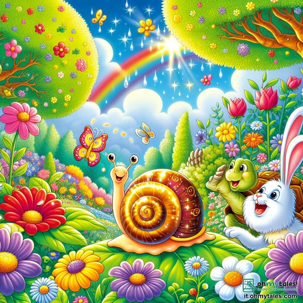 Illustrazione che rappresenta un magnifico giardino incantato, pieno di fiori colorati con petali brillanti di rosso, giallo e viola, e grandi alberi con foglie verdi lussureggianti, sotto un cielo blu punteggiato di nuvole bianche e soffici. Al centro di questa scena, una piccola lumaca con una conchiglia lucente e a spirale, dai riflessi dorati, avanza lentamente su una foglia verde, i suoi occhi curiosi scrutando i dintorni con meraviglia. Nelle vicinanze, una saggia tartaruga dal dorso rugoso e con un guscio decorato da motivi naturali, osserva con benevolenza, mentre un felice coniglio dalle grandi orecchie e dal pelo bianco salta intorno, aggiungendo un tocco di dinamismo alla scena. La situazione principale mostra la lumaca e i suoi amici intenti a discutere con entusiasmo, cercando una soluzione per ridare il sorriso ai fiori tristi del giardino. Gocce d'acqua scintillanti sono visibili sui petali, simboleggiando speranza e magia, mentre farfalle colorate volano intorno, portando un'atmosfera gioiosa e vivace a questa illustrazione.