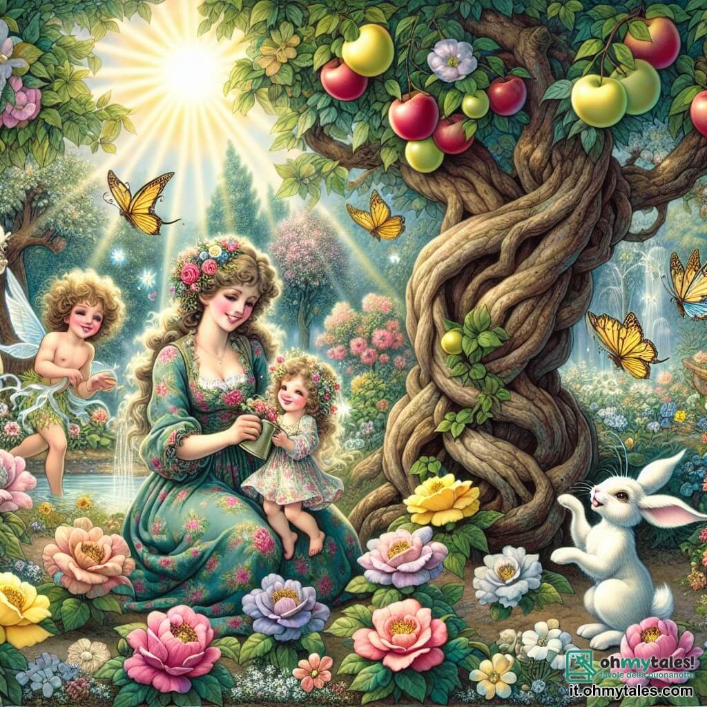 Illustration destinée aux enfants représentant un jardin magique, où des fleurs éclatantes de toutes les couleurs dansent sous un doux soleil, entouré d'arbres majestueux aux troncs noueux et de fruits juteux pendants. Au centre, une femme au sourire radieux et aux cheveux longs et ondulés, vêtue d'une robe florale, s'agenouille pour arroser des fleurs scintillantes, son regard bienveillant illuminant son visage. À ses côtés, un petit follet aux cheveux bouclés et blancs, avec des ailes scintillantes, saute de joie, tandis qu'un adorable lapin blanc, aux grandes oreilles et aux yeux pétillants, se frotte les pattes avant, l'air soulagé après avoir été sauvé d'un buisson épineux. La scène dégage une atmosphère de magie et d'amitié, avec des papillons colorés virevoltant autour d'eux et une douce mélodie de ruisseau en arrière-plan.