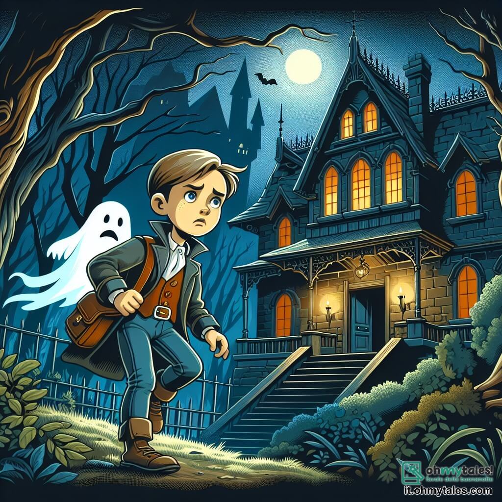 Une illustration destinée aux enfants représentant un jeune garçon courageux explorant une maison hantée avec l'aide d'un fantôme mélancolique dans une vieille demeure abandonnée entourée de sombres bois mystérieux et de sinistres secrets.