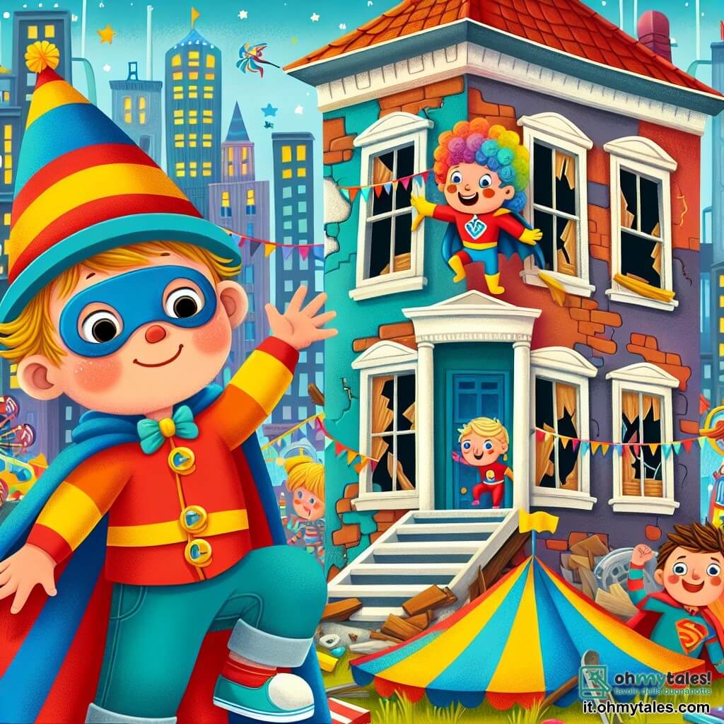 Une illustration destinée aux enfants représentant un petit garçon passionné de carnaval, accompagné de ses amis super-héros, explorant une maison abandonnée aux fenêtres brisées et aux portes cigolantes, dans une ville colorée et festive.