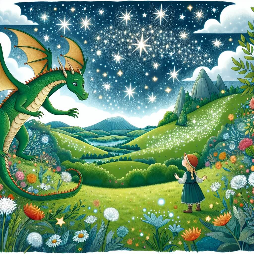 Une illustration destinée aux enfants représentant un dragon aux ailes chatoyantes, qui fait la rencontre d'une petite fille curieuse, dans un monde magique rempli de collines verdoyantes, de fleurs dansantes et d'un ciel étoilé même en plein jour.