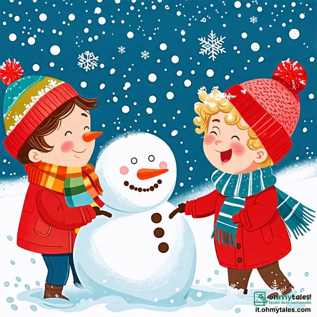 Une illustration sous forme de dessin destinée aux enfants représentant un paysage hivernal féerique, avec un garçon de 2 ans aux cheveux blonds bouclés, vêtu d'un manteau rouge vif et d'un bonnet en laine, qui rit en roulant dans la neige fraîche, tandis qu'une maman souriante aux cheveux châtains et portant une écharpe colorée l'observe joyeusement, tous deux entourés de flocons de neige tombant doucement, alors qu'ils s'apprêtent à construire un grand bonhomme de neige pour célébrer Noël.