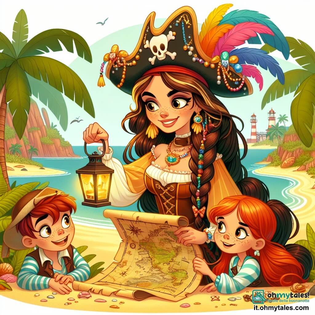Une illustration sous forme de dessin destinée aux enfants représentant une île tropicale ensoleillée avec des palmiers et une plage de sable doré, où une courageuse piratessa aux longs cheveux noirs tressés avec des perles de conchiglie, vêtue d'un chapeau de pirate orné d'une plume colorée, examine une vieille carte au trésor, entourée de deux jeunes pirates : un garçon aux cheveux roux et aux taches de rousseur, qui regarde la carte avec émerveillement, et une fille aux grands yeux curieux, tenant une lanterne qui éclaire le chemin vers une grotte mystérieuse, alors qu'ils s'apprêtent à découvrir le trésor caché et les secrets de l'amitié.