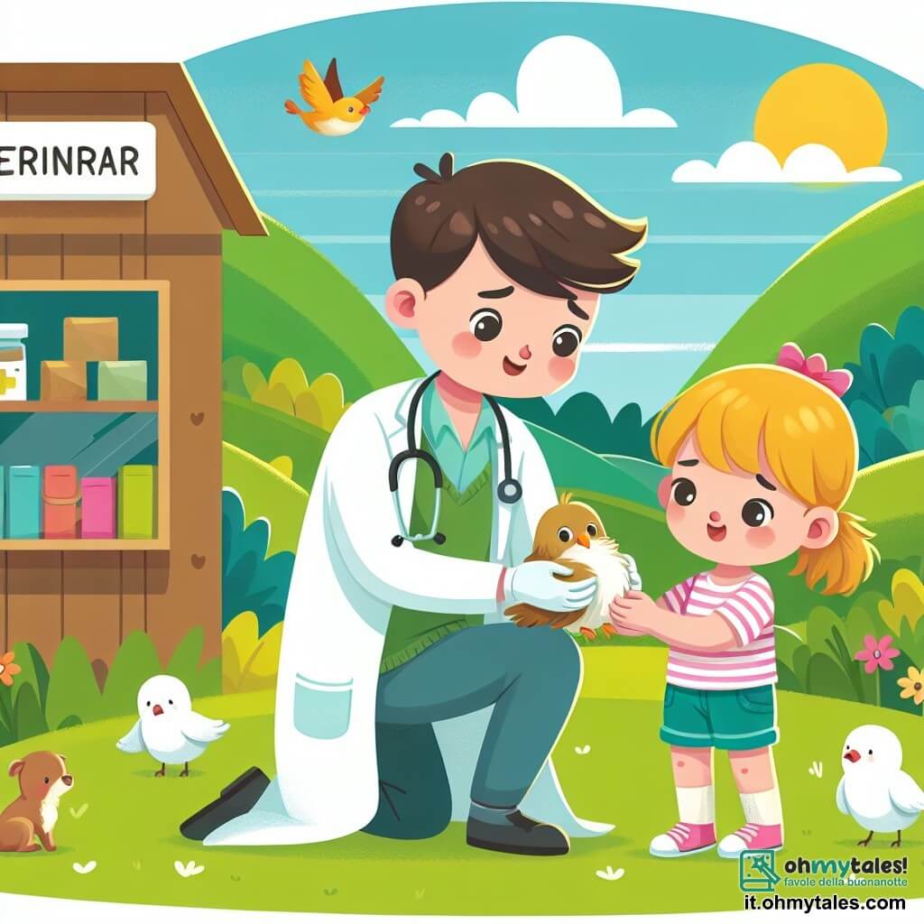 Une illustration destinée aux enfants représentant un vétérinaire aimé de tous, un garçon gentil et attentionné, en train de soigner un petit oiseau blessé avec l'aide d'une fille curieuse et compatissante, dans une clinique vétérinaire chaleureuse et colorée entourée de verdoyantes collines.