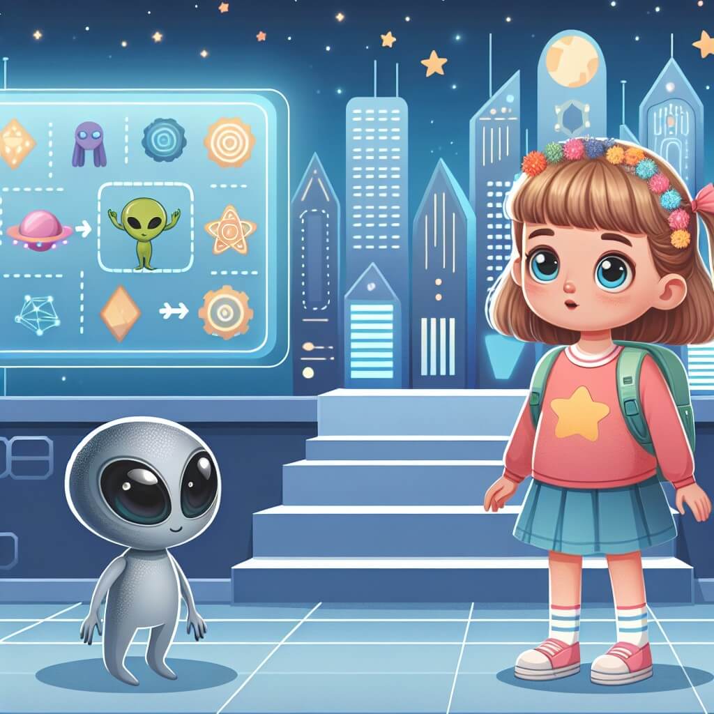 Une illustration destinée aux enfants représentant une petite fille curieuse et intelligente, vivant dans une ville futuriste éblouissante, qui fait la rencontre d'un alien sympathique et découvre l'importance de la tolérance et de l'acceptation des différences.