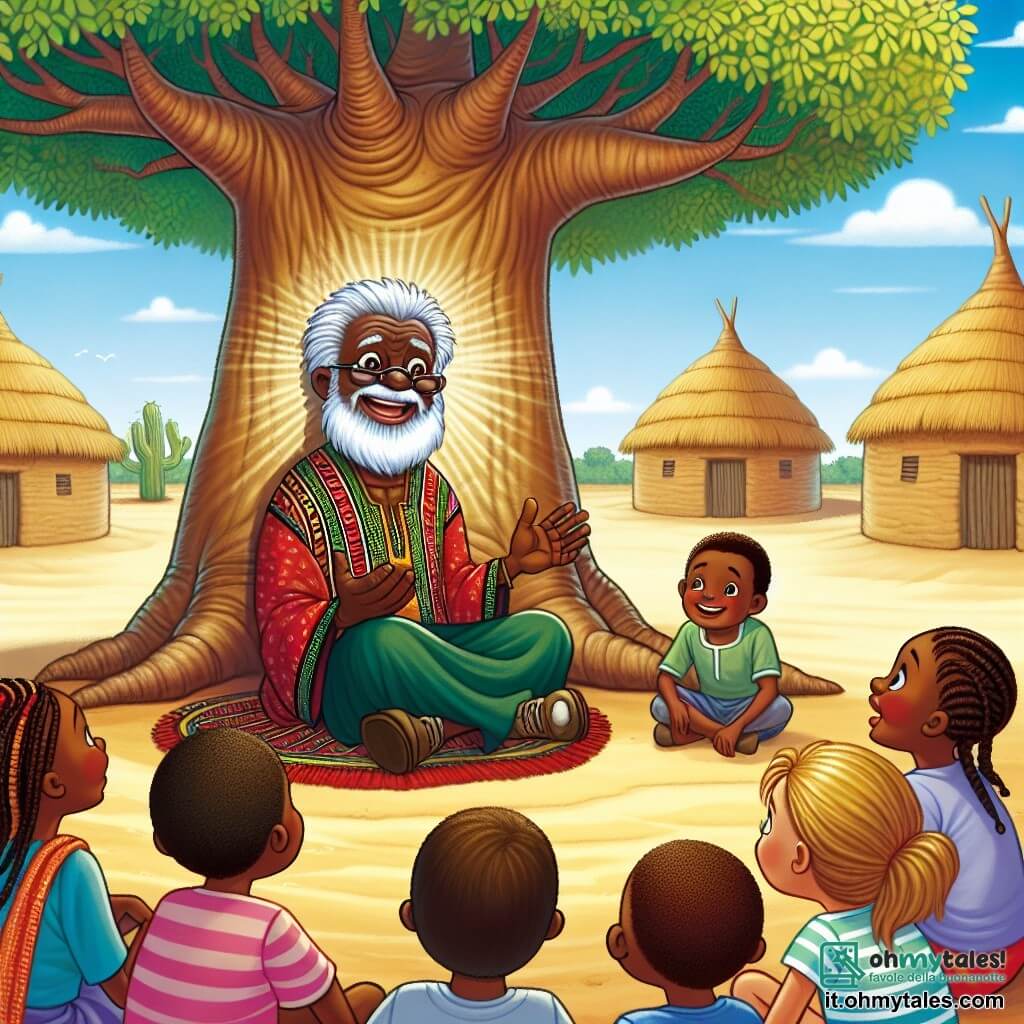 Une illustration sous forme de dessin destinée aux enfants représentant un village africain ensoleillé, avec des maisons en terre et un grand baobab au centre, où un homme âgé à la barbe blanche et aux yeux pétillants, vêtu d'une tunique colorée, raconte des histoires aux enfants rassemblés autour de lui, tandis qu'une jeune fille aux cheveux tressés et un garçon au sourire éclatant écoutent attentivement, captivés par les récits de sagesse et d'aventure qui évoquent l'importance de la paix et de l'unité entre les tribus.