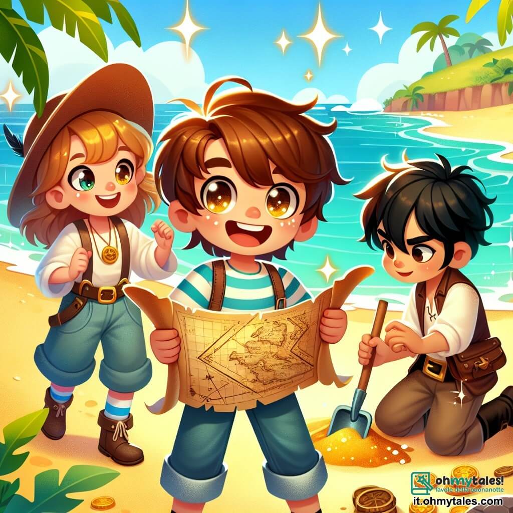 Une illustration sous forme de dessin destinée aux enfants représentant une plage dorée sur l'Isola dei Sogni, où un jeune pirate aux cheveux bruns et aux yeux pétillants, vêtu d'une chemise rayée et d'un pantalon en toile, brandit une vieille carte au trésor avec enthousiasme, tandis qu'à ses côtés, une fille courageuse aux cheveux longs et blonds, portant un chapeau de paille, observe attentivement la carte, et un garçon fort aux cheveux noirs, vêtu d'un gilet en cuir, se tient prêt à creuser le sable avec une pelle, tous trois entourés de palmiers verdoyants et de vagues scintillantes, illustrant leur quête pour découvrir un trésor caché.