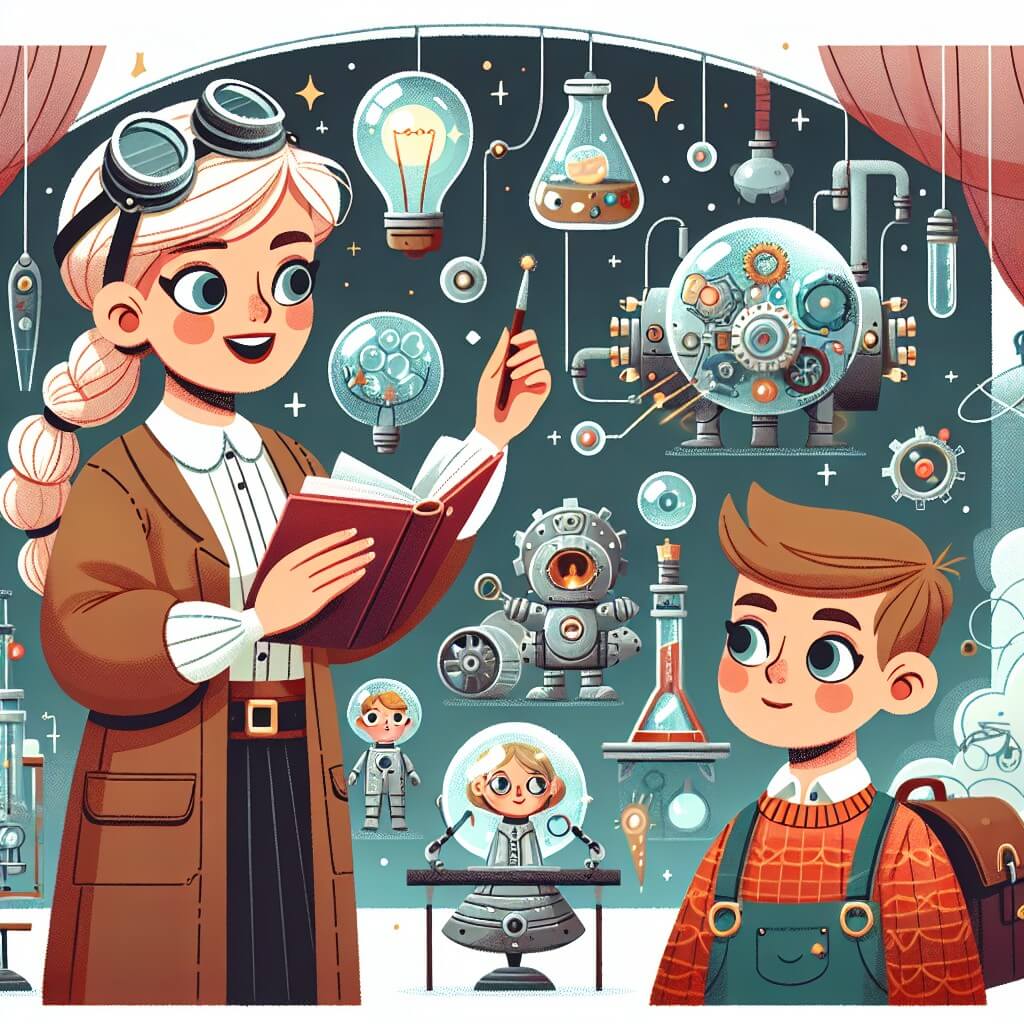 Une illustration destinée aux enfants représentant une femme inventrice, entourée de son fidèle assistant, dans un laboratoire magique rempli de machines futuristes et d'objets étonnants.