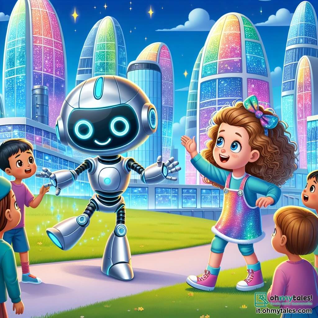 Une illustration sous forme de dessin destinée aux enfants représentant un parc technologique futuriste à Floravisione, avec des bâtiments en verre coloré scintillant sous un ciel bleu, où une fille de 11 ans, aux cheveux bouclés et vêtue d'une combinaison brillante, observe avec émerveillement un robot argenté aux traits amicaux qui danse joyeusement, tandis qu'un groupe d'enfants curieux, aux visages illuminés par la découverte, s'approche pour admirer la scène, capturant l'instant magique où la curiosité et l'aventure se rencontrent dans un monde rempli de merveilles technologiques.