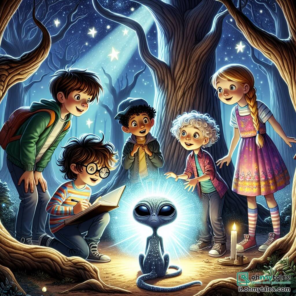 Illustrazione che rappresenta una scena magica in una foresta incantata, dove grandi alberi dai tronchi contorti si ergono verso un cielo stellato, illuminato da una dolce luce blu emanante da una creatura extraterrestre. Al centro dell'immagine, un gruppo di quattro bambini si trova attorno a un piccolo essere alieno, simile a un gatto con grandi occhi luminosi e una pelliccia scintillante. Il primo bambino è un ragazzo di circa 10 anni, con capelli castani disordinati, che indossa una camicia a righe e occhiali, osserva l'alieno con meraviglia. Accanto a lui, una ragazza di 9 anni, con capelli biondi intrecciati, vestita con un abito colorato, sorride con curiosità. Un altro ragazzo, di 11 anni, con capelli neri e un cappellino, prende appunti in un quaderno, concentrato. Infine, una ragazza di 10 anni, con capelli castani ricci, è accovacciata, tenendo uno specchio per catturare la luce del sole e orientarla verso l'alieno. La situazione principale mostra i bambini mentre aiutano l'extraterrestre a ricaricare il suo dispositivo luminescente, con raggi di luce scintillante che danzano attorno a loro, creando un'atmosfera di amicizia e avventura. Sullo sfondo, le stelle brillano intensamente e le lucciole aggiungono un tocco magico a questa scena notturna.
