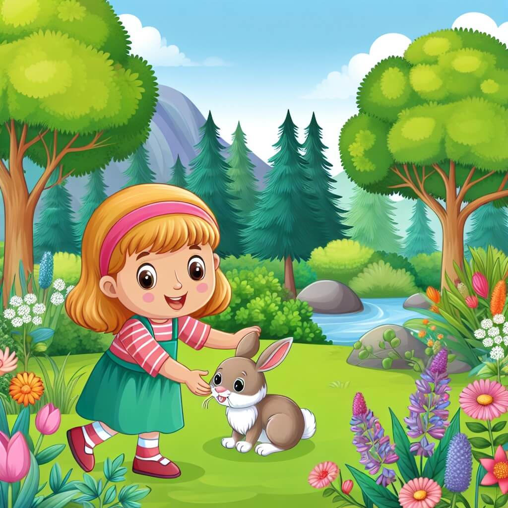 Une illustration destinée aux enfants représentant une jeune fille pleine de vie, qui découvre un coniglietto blessé dans un magnifique jardin verdoyant entouré de grands arbres, de fleurs colorées et d'un paisible ruisseau.