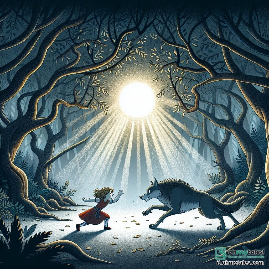 Une illustration destinée aux enfants représentant une jeune fille courageuse défiant un grand loup dans un bosquet sombre et mystérieux, où les rayons du soleil filtrent à peine à travers les branches tordues, créant des ombres dansantes sur le sol tapissé de feuilles.