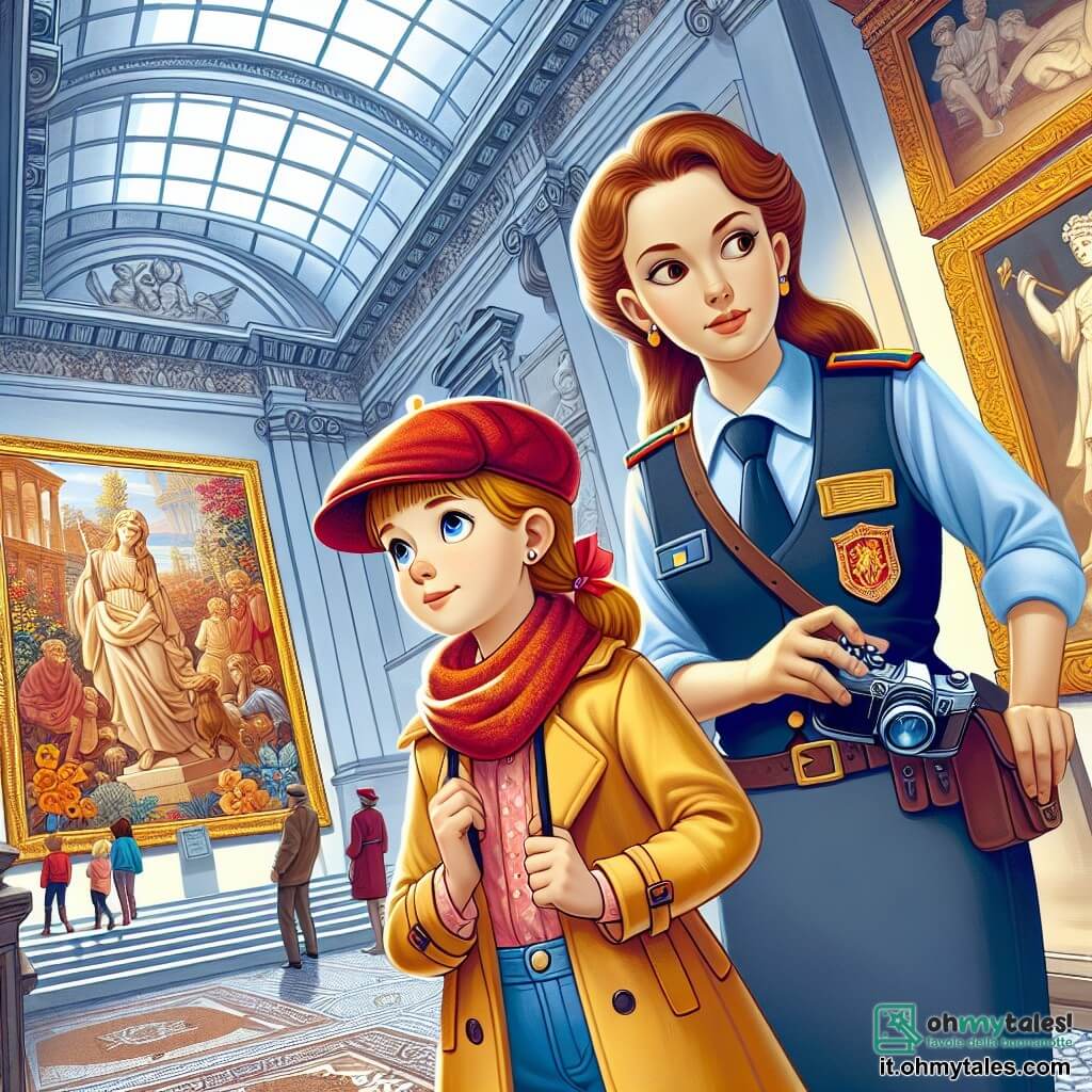 Une illustration destinée aux enfants représentant une jeune détective brillante et courageuse (fille) enquêtant sur le mystérieux vol d'un précieux tableau, avec l'aide d'une garde du musée attentionnée (femme), dans un musée ancien et fascinant de la ville de Milan, aux murs ornés de fresques colorées et de statues majestueuses.