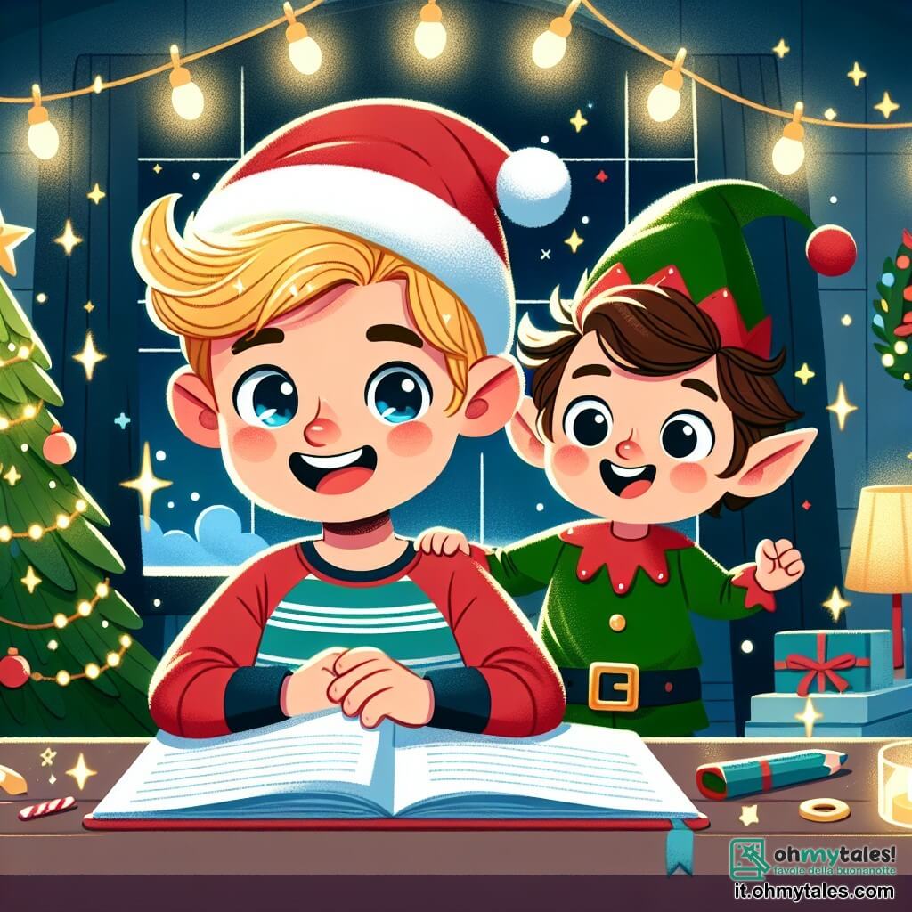 Une illustration destinée aux enfants représentant un garçon plein d'émerveillement, accompagné d'un petit elfe souriant, dans une chambre décorée de guirlandes lumineuses et d'un sapin scintillant, à la veille de Noël.