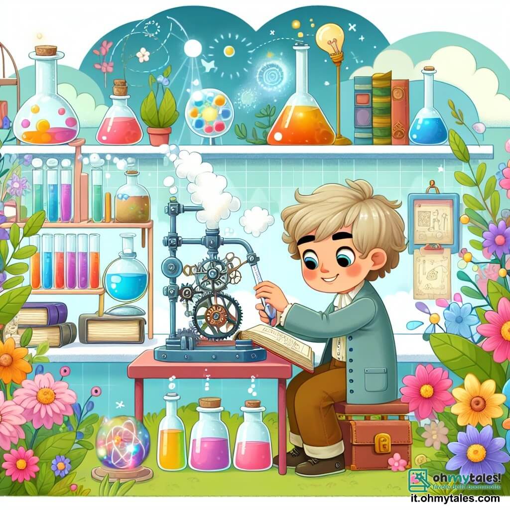 Une illustration destinée aux enfants représentant un inventeur brillant et créatif, un garçon curieux, travaillant sur une machine magique dans son laboratoire coloré entouré de giardini fioriti.