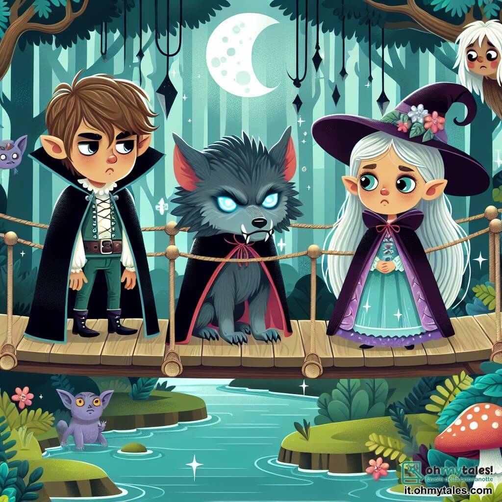 Une illustration destinée aux enfants représentant un vampire au regard mélancolique, un loup mannaro aux yeux lumineux et une petite sorcière aux cheveux argentei, se tenant sur un pont sospeso au-dessus d'un fiume de cristallo, dans un bosco incantato habité par des créatures magiques et des plantes parlantes.