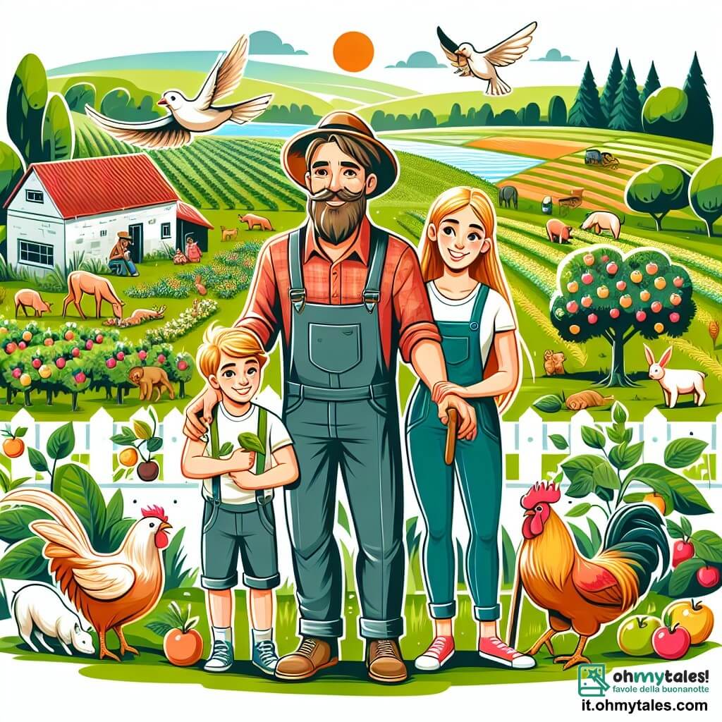 Une illustration destinée aux enfants représentant un homme passionné par l'agriculture, accompagné d'une fillette et d'un garçonnet, travaillant ensemble dans une ferme entourée de champs verdoyants, arbres fruitiers et animaux joyeux.