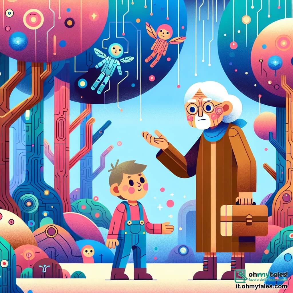 Une illustration destinée aux enfants représentant un jeune garçon de bois découvrant un monde futuriste, accompagné d'une vieille dame bienveillante, dans un Bosco Incantato aux arbres multicolores et aux créatures fantastiques.