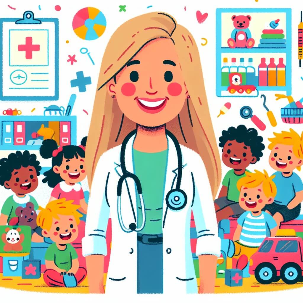 Une illustration destinée aux enfants représentant une femme médecin souriante, entourée d'enfants joyeux, dans un studio médical lumineux et coloré rempli de jouets et de dessins.
