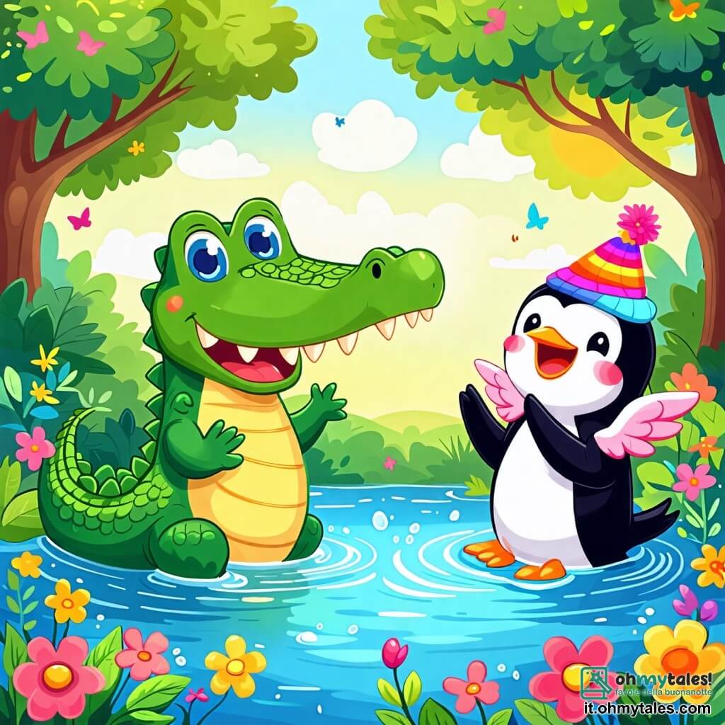 Une illustration sous forme de dessin destinée aux enfants représentant un grand fiume verde e scintillante, avec un coccodrillo verde, dalle scaglie lucenti e un sorriso amichevole, che balla goffamente nella pozzanghera, mentre un pinguino bianco e nero, con piccole ali e un cappello colorato, ride e applaude, circondati da alberi lussureggianti e fiori colorati, catturando l'atmosfera gioiosa e divertente di un pomeriggio estivo.