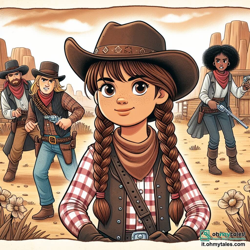 Une illustration sous forme de dessin destinée aux enfants représentant un vaste ranch poussiéreux au cœur du Far West, avec une jeune cow-girl aux cheveux châtains tressés, vêtue d'un chapeau de cowboy et d'une chemise à carreaux, qui se tient courageusement devant un groupe de bandits menaçants, tandis que deux de ses amis, un garçon robuste aux cheveux blonds et une fille astucieuse aux cheveux bouclés, se cachent derrière des rochers, prêts à l'aider dans leur audacieuse mission pour protéger leur village.