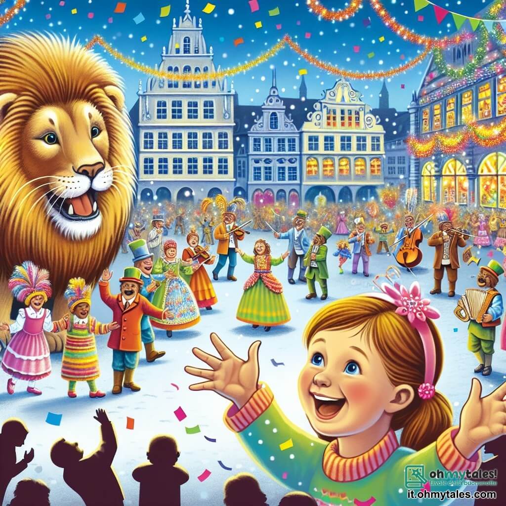 Une illustration destinée aux enfants représentant une petite fille émerveillée par la présence d'un lion amical lors du carnaval coloré de la ville, animé par des musiques joyeuses et des danses entraînantes, sur une grande place ornée de guirlandes scintillantes et de confettis multicolores.