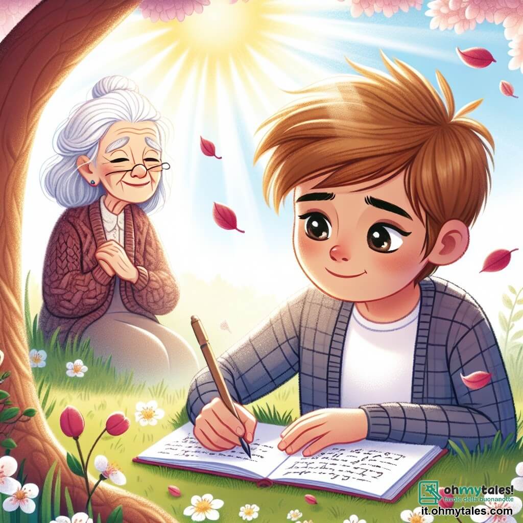 Une illustration sous forme de dessin destinée aux enfants représentant un jardin ensoleillé avec un grand arbre de ciliegier, où un garçon de 11 ans aux cheveux châtains et aux yeux pétillants, assis sur l'herbe, écrit une lettre sur un carnet, le visage empreint de mélancolie et de douceur, tandis qu'une femme âgée aux cheveux argentés, vêtue d'un pull tricoté, l'observe avec un sourire bienveillant, symbolisant la mémoire et l'amour éternel, alors qu'un léger vent fait tomber des pétales de fleurs autour d'eux, créant une atmosphère de paix et de réflexion sur la perte et le souvenir.