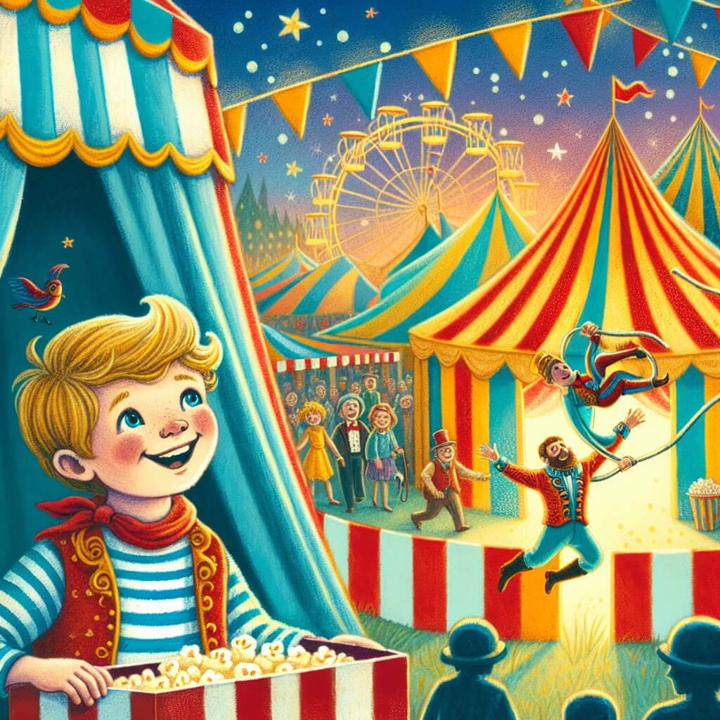 Une illustration destinée aux enfants représentant un jeune garçon curieux et vif, découvrant un cirque coloré avec un trapeziste inquiet, cherchant son costume perdu, dans un lieu magique rempli de tentes rayées, d'odeurs de popcorn et de musique joyeuse.