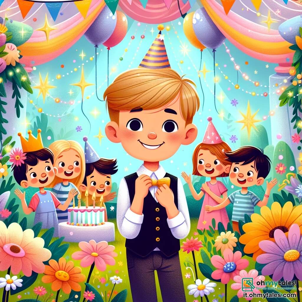 Une illustration destinée aux enfants représentant un garçon joyeux et curieux, entouré de ses amis, lors d'une fête d'anniversaire magique dans un jardin enchanté rempli de fleurs colorées, de guirlandes scintillantes et de ballons virevoltants.