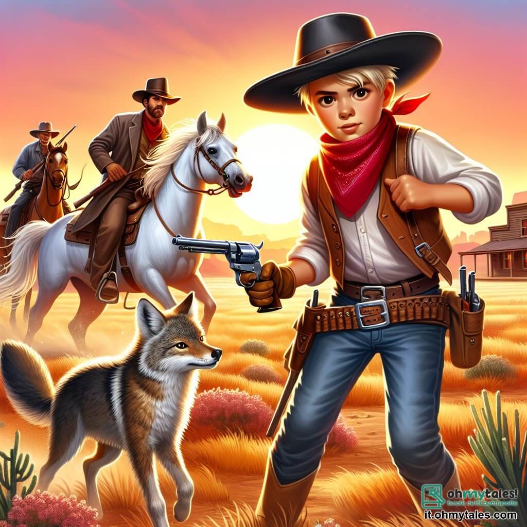 Une illustration destinée aux enfants représentant un jeune cow-boy courageux face à des fuorilegge menaçants, accompagné de son fidèle cheval blanc et d'un adorable cucciolo de coyote, dans une vaste prairie de l'Ouest américain baignée par le soleil couchant.