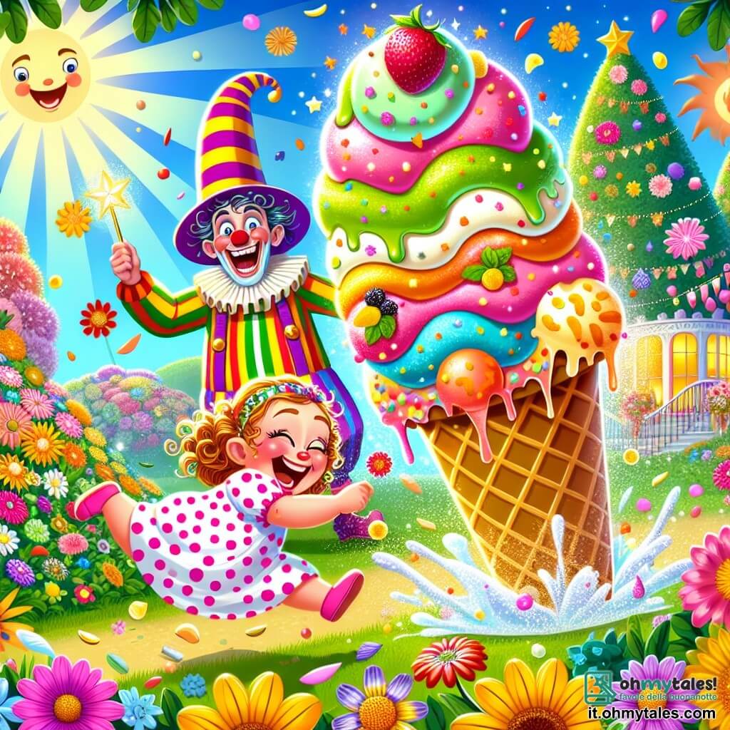 Illustrazione che rappresenta un giardino colorato e soleggiato, pieno di fiori vivaci e alberi verdi. Al centro, una bambina di 1 anno, con grandi occhi scintillanti e capelli ricci, indossa un vestito a pois e un sorriso radioso. Sta correndo felicemente dietro a un gelato gigante, che assomiglia a un albero di ghiaccio, con strati di diversi colori e pezzi di frutta. Accanto a lei, un buffone, un uomo di circa 30 anni, con un grande cappello a righe e una giacca multicolore, ride tenendo una bacchetta magica. La scena mostra la bambina che si diverte a cercare di prendere il gelato che rotola, creando un'atmosfera giocosa e gioiosa. Spruzzi di panna montata e coriandoli fluttuano nell'aria, aggiungendo un tocco di magia a questa situazione divertente.