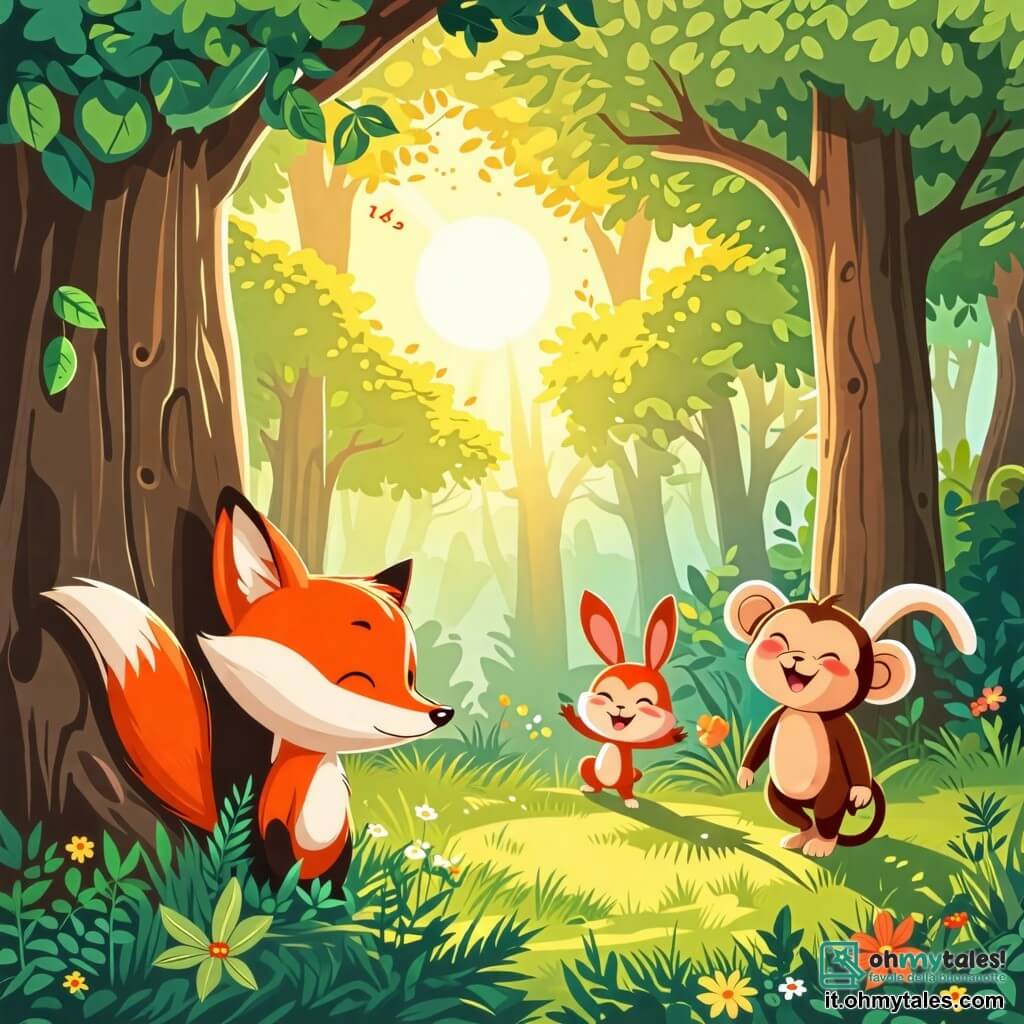 Une illustration sous forme de dessin destinée aux enfants représentant une forêt ensoleillée avec de grands arbres aux feuilles vertes, où un renard aux pelage orange vif et aux yeux malicieux se cache derrière un arbre, riant joyeusement, tandis qu'un petit lapin aux oreilles longues et blanches compte en fermant les yeux, et une singe espiègle aux poils bruns fait des pirouettes à proximité, le tout capturant l'esprit ludique d'un jeu de cache-cache plein de rires et d'amitié.