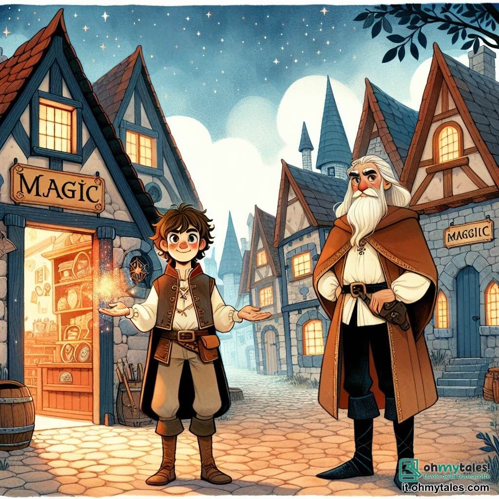 Une illustration destinée aux enfants représentant un jeune apprenti sorcier courageux se tenant devant une bottega magica poussiéreuse et mystérieuse, accompagné de son sage mentor aux yeux étincelants, dans le village enchanteur d'Arcadia aux ruelles pavées de pierre et aux maisons aux toits pointus.
