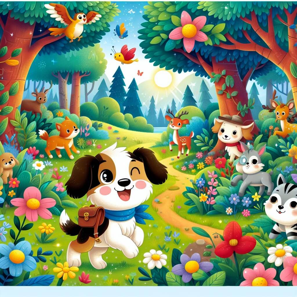 Une illustration destinée aux enfants représentant un adorable chien intrépide, avec un sourire espiègle, qui se trouve dans une forêt enchantée remplie de fleurs colorées, d'arbres majestueux et d'animaux sympathiques, alors qu'il part à la recherche d'un mystérieux trésor caché avec l'aide de ses amis animaux.