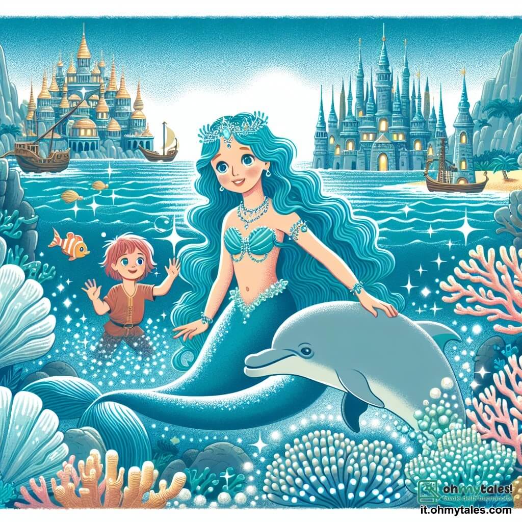 Une illustration destinée aux enfants représentant une sirène aux cheveux d'azur émergeant des eaux scintillantes, accompagnée d'une fillette et d'un delfin, explorant un royaume sous-marin aux jardins de corail lumineux et aux palais de nacre, dans la petite ville de pêcheurs de Mareblu.