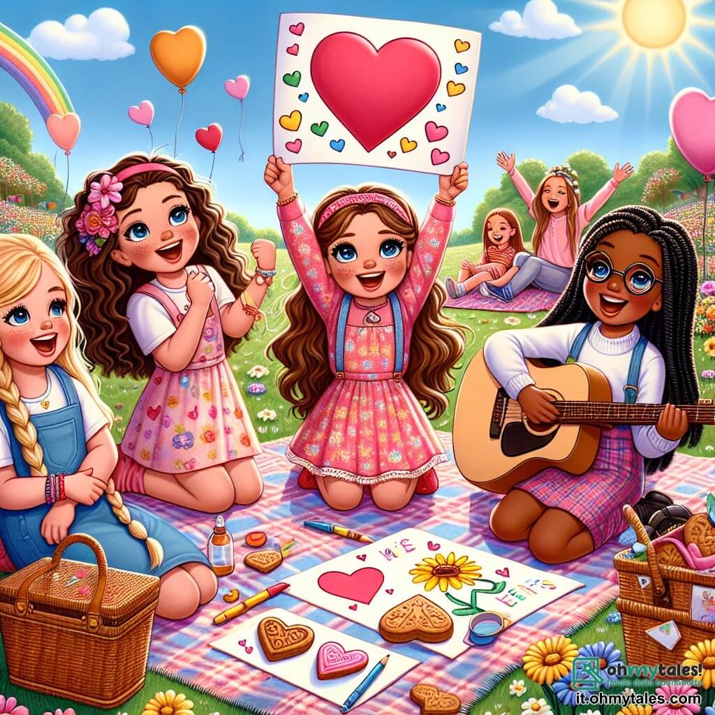Illustrazione di un parco soleggiato, pieno di fiori colorati e risate di bambini. Al centro, un gruppo di quattro ragazze di circa 10 anni, tutte sorridenti e felici. Una di loro, con capelli ricci castani e un vestito rosa, tiene un grande cartello decorato con cuori. Un'altra, con capelli lunghi e biondi, suona la chitarra con entusiasmo. La terza, con occhiali e capelli lisci, sta disegnando un grande cuore su un foglio colorato. L'ultima, con trecce nere, canta gioiosamente alzando le braccia. La scena mostra le ragazze mentre preparano un piccolo spettacolo per celebrare la festa della mamma, circondate da mamme sedute su coperte, con gli occhi brillanti di orgoglio ed emozione. Biscotti a forma di cuore sono disposti su una tovaglia accanto a loro, aggiungendo un tocco goloso all'atmosfera festosa. Il cielo è blu, punteggiato da alcune nuvole bianche, e palloncini colorati fluttuano nell'aria, creando un'atmosfera gioiosa e calorosa.