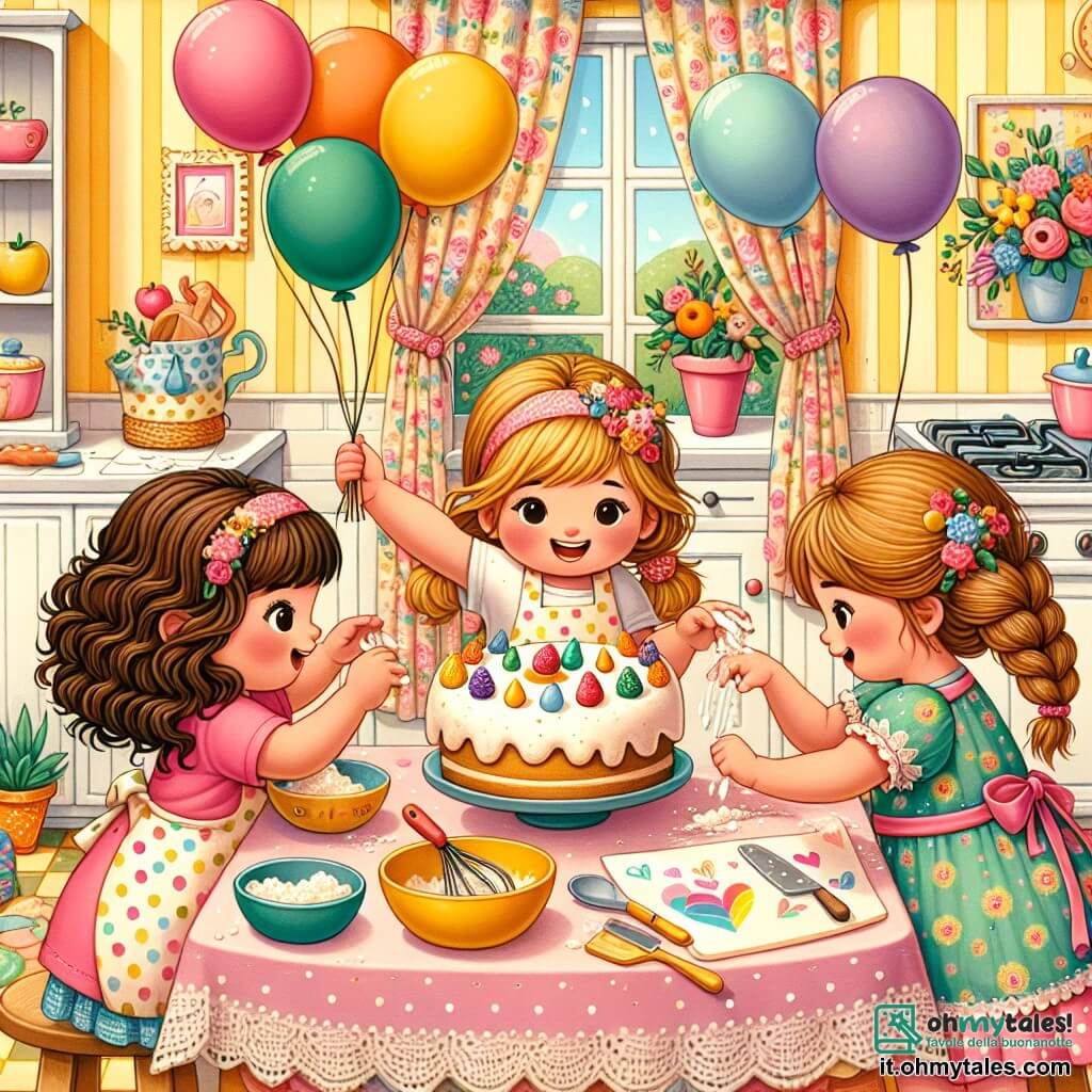 Illustrazione che rappresenta una cucina calda e colorata, con pareti dipinte di giallo pastello e tende a motivi floreali. Sul tavolo, un grande piatto di pasta per dolci è circondato da utensili da cucina colorati, e scaglie di farina fluttuano nell'aria. Tre bambine, di circa quattro anni, sono al centro dell'immagine. La prima, con i capelli ricci e castani, indossa una maglietta rosa e un grembiule a pois. Sorride mentre mescola la pasta. La seconda, con i capelli biondi intrecciati, sta decorando il tavolo con palloncini colorati, indossando un vestito blu a fiori. La terza, con i capelli lisci e castani, tiene un disegno colorato a forma di cuore, vestita con una maglietta verde. La scena mostra le bambine mentre preparano una sorpresa per la loro mamma, con risate e gesti gioiosi. Sullo sfondo, una grande torta decorata con panna e frutta aspetta di essere servita, mentre palloncini fluttuano dal soffitto, creando un'atmosfera festosa. Colori vivaci e espressioni gioiose riempiono l'immagine, catturando lo spirito della festa della mamma.
