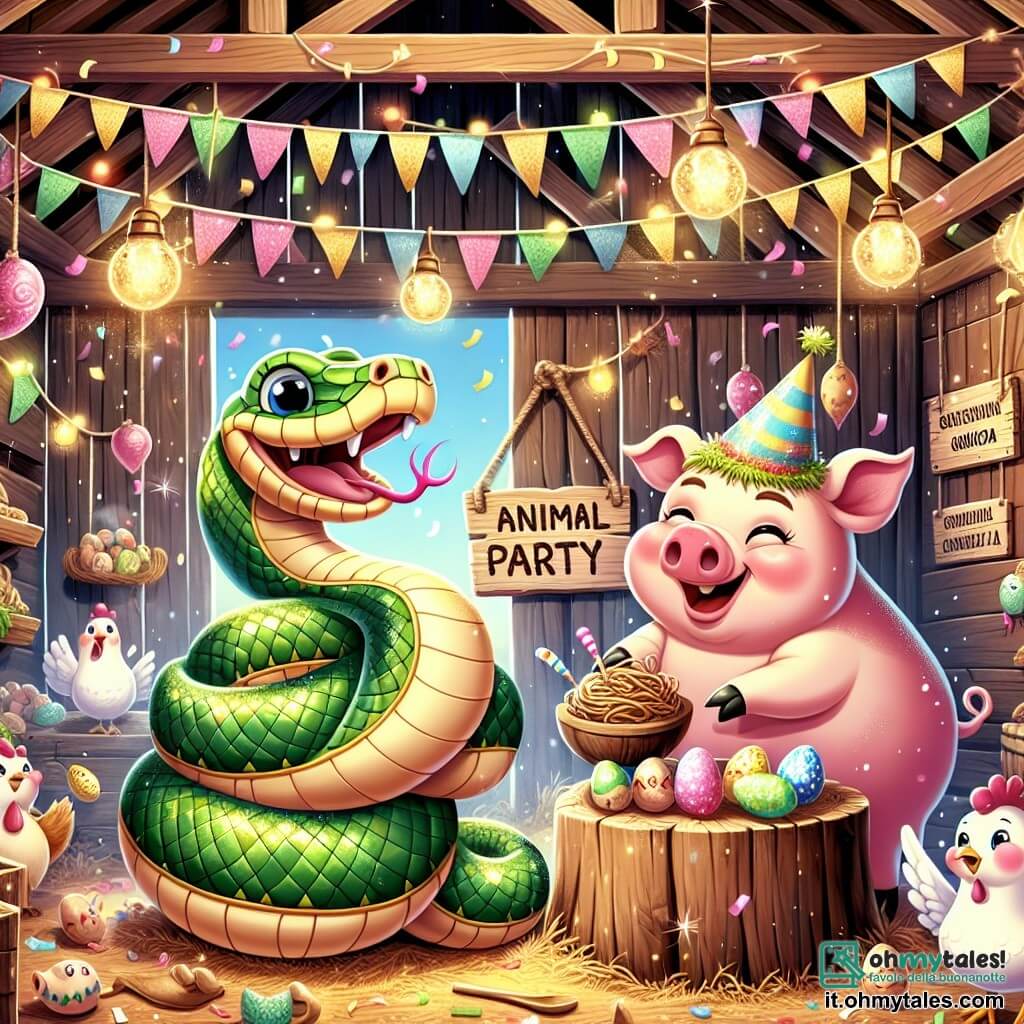 Illustrazione che rappresenta un grande legnaio in legno, pieno di decorazioni colorate: ghirlande di fiori vivaci e lanterne scintillanti appese al soffitto. Al centro, un serpente con scaglie verdi brillanti e strisce gialle, arrotolato attorno a un vecchio tronco, sorride allegramente mentre tiene un piccolo pannello di legno con scritto "Festa degli Animali". Accanto a lui, un grosso maiale rosa, con guance rotonde e un'aria vivace, prepara gnocchi di fango su un tavolo di legno, mentre una gallina dalle piume bianche, con un piccolo cappello colorato, si occupa di sistemare uova decorate. La scena è animata, con animali che ballano e ridono intorno, creando un'atmosfera festosa e gioiosa, mentre lampi di luce e coriandoli fluttuano nell'aria, aggiungendo un tocco di magia a questo momento di festa.