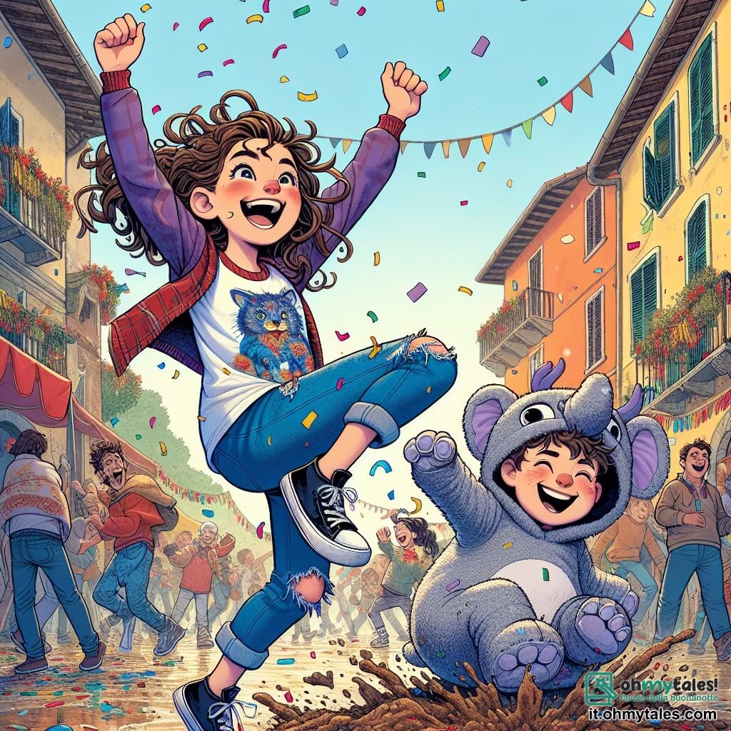 Une illustration sous forme de dessin destinée aux enfants représentant une scène colorée dans un parc animé du village d'Arcobaleno, où une fille de 11 ans aux cheveux bouclés et bruns, portant une t-shirt avec un grand chat bleu et des jeans déchirés, danse joyeusement en lançant des coriandoli dans les airs, entourée de rires, tandis qu'un garçon de son âge, vêtu d'un costume d'éléphant en peluche, se relève en riant après être tombé dans la boue, illustrant l'esprit ludique et festif de la "Sfida delle Eroiche Impossibili".
